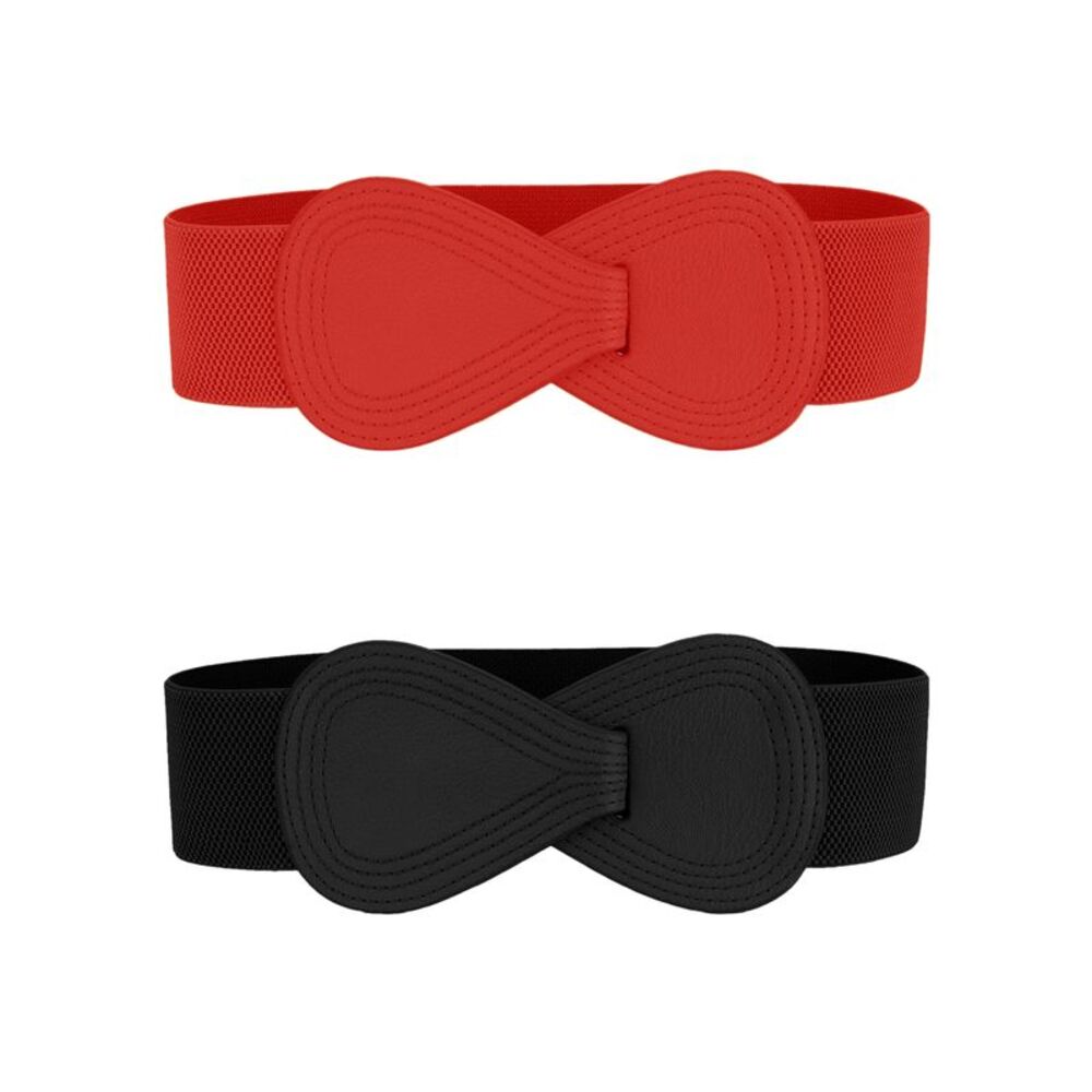 2Pcs Plus Size Interlock 8-shaped Faux Leather Buckle Belt Black & Red